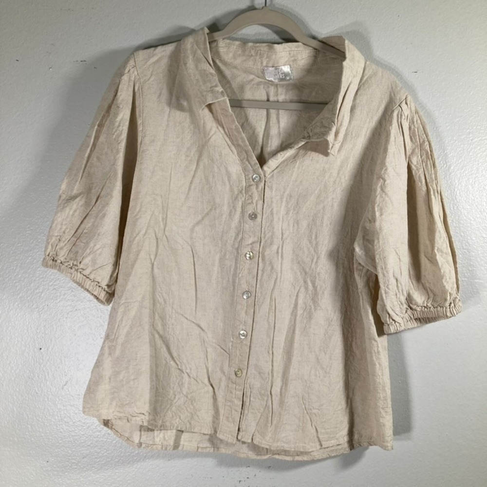Heroes & Dreamers M Linen Blend Puff Sleeve Button Front Blouse Oatmeal Beige